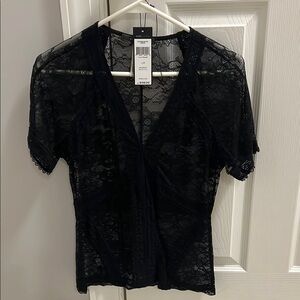 BCBGMaxAzria Black Short Sleeve Tie Front Blouse